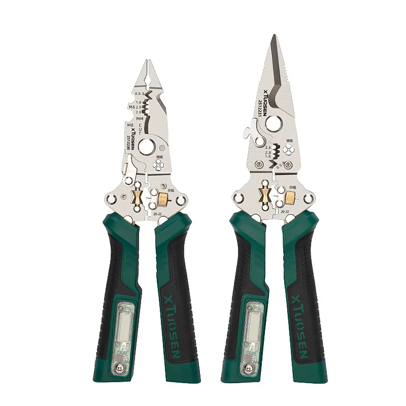 Multi‑function large‑screen digital display voltage‑testing wire stripper pliers for electricians – with stripping, cutting, splitting, and repair functions.